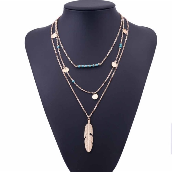 2/$20 Gold Layered Feather Turquoise Boho Necklace - Picture 2 of 4